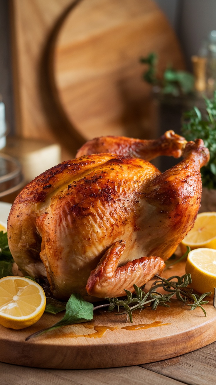 A perfectly roasted whole chicken on a cutting board with herbs and lemon, showcasing golden crispy skin.